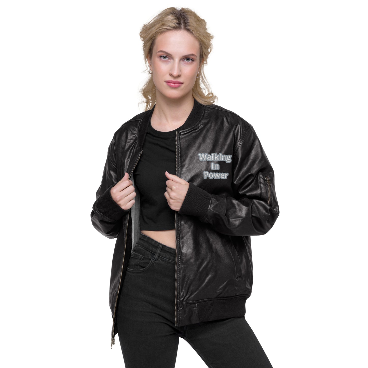 Walking In Power Leather Bomber Jacket