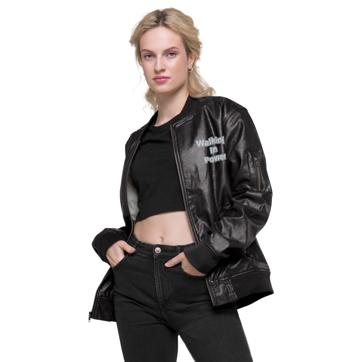 Walking In Power Leather Bomber Jacket