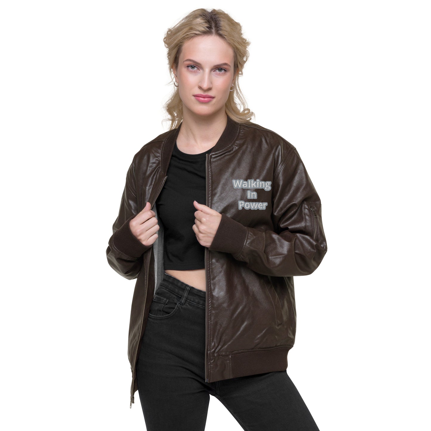 Walking In Power Leather Bomber Jacket