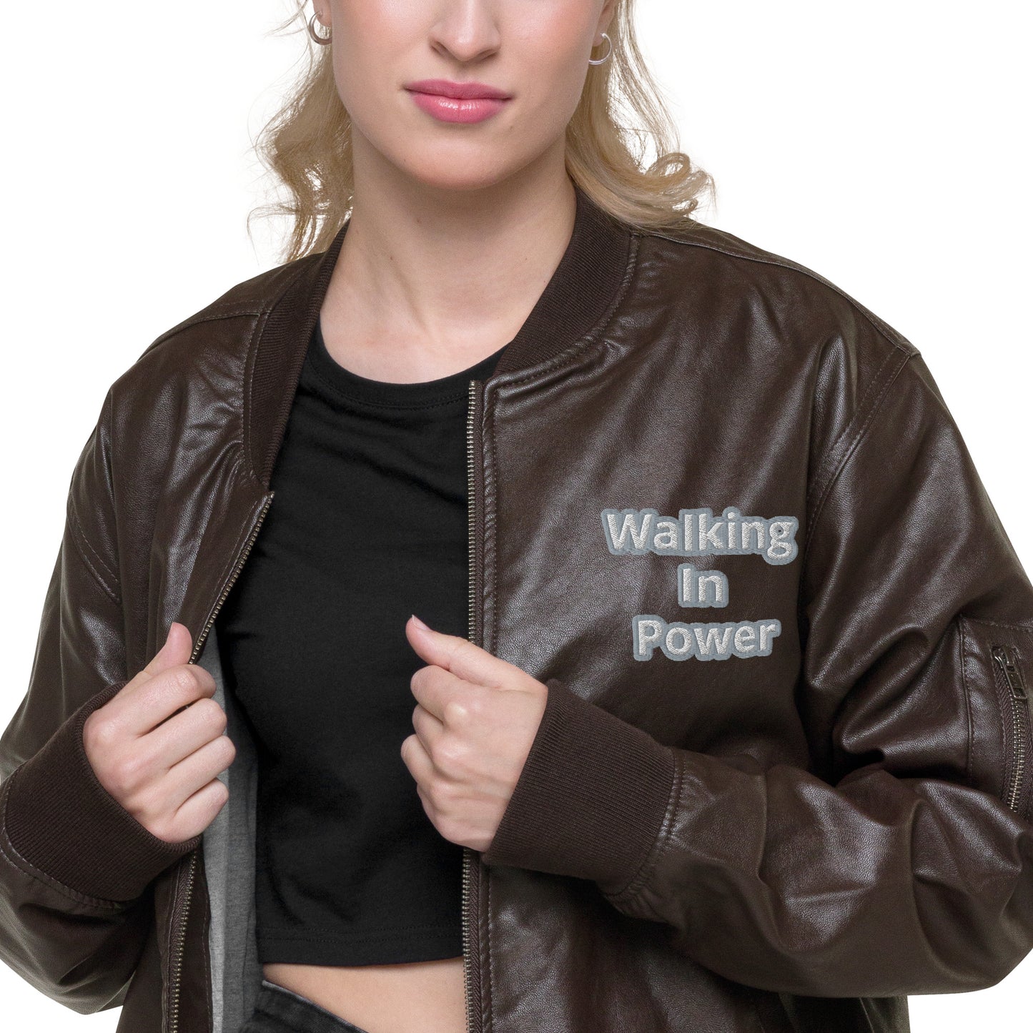 Walking In Power Leather Bomber Jacket