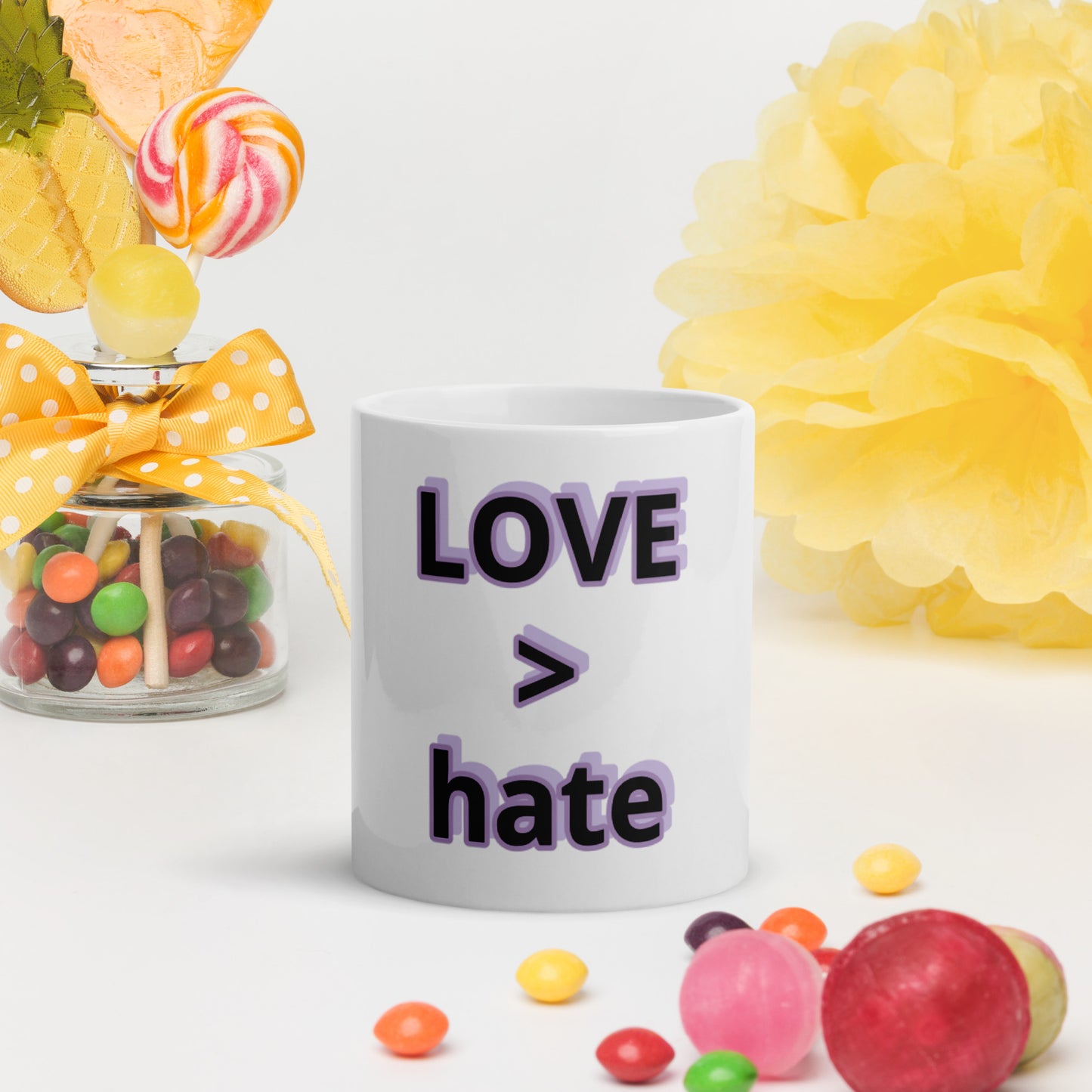 LOVE > hate glossy mug