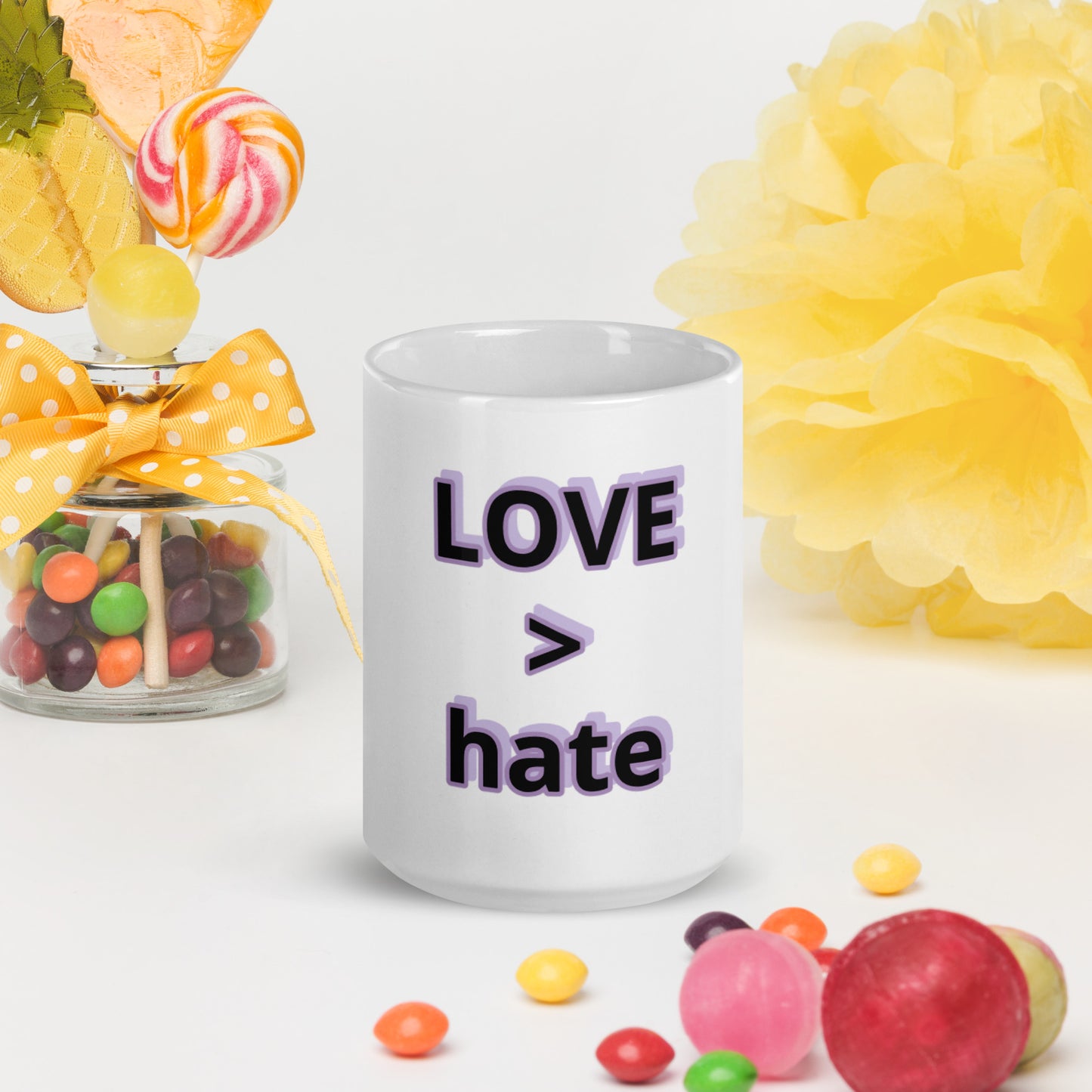 LOVE > hate glossy mug