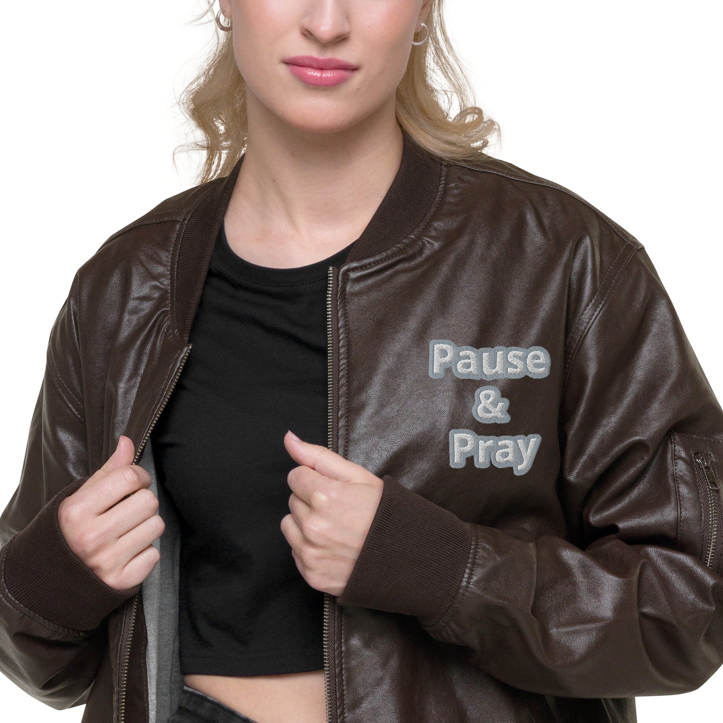 Pause & Pray Leather Bomber Jacket