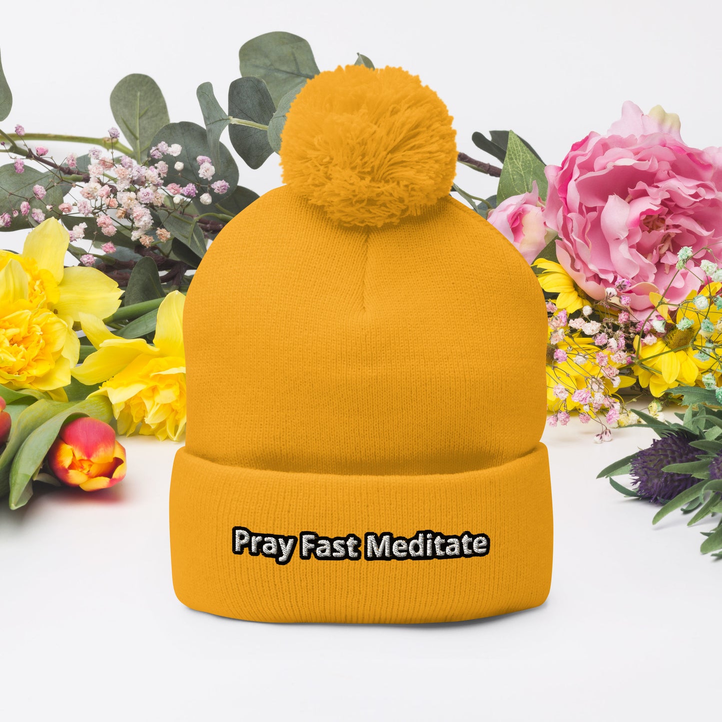 Pray Fast Meditate Pom-Pom Beanie