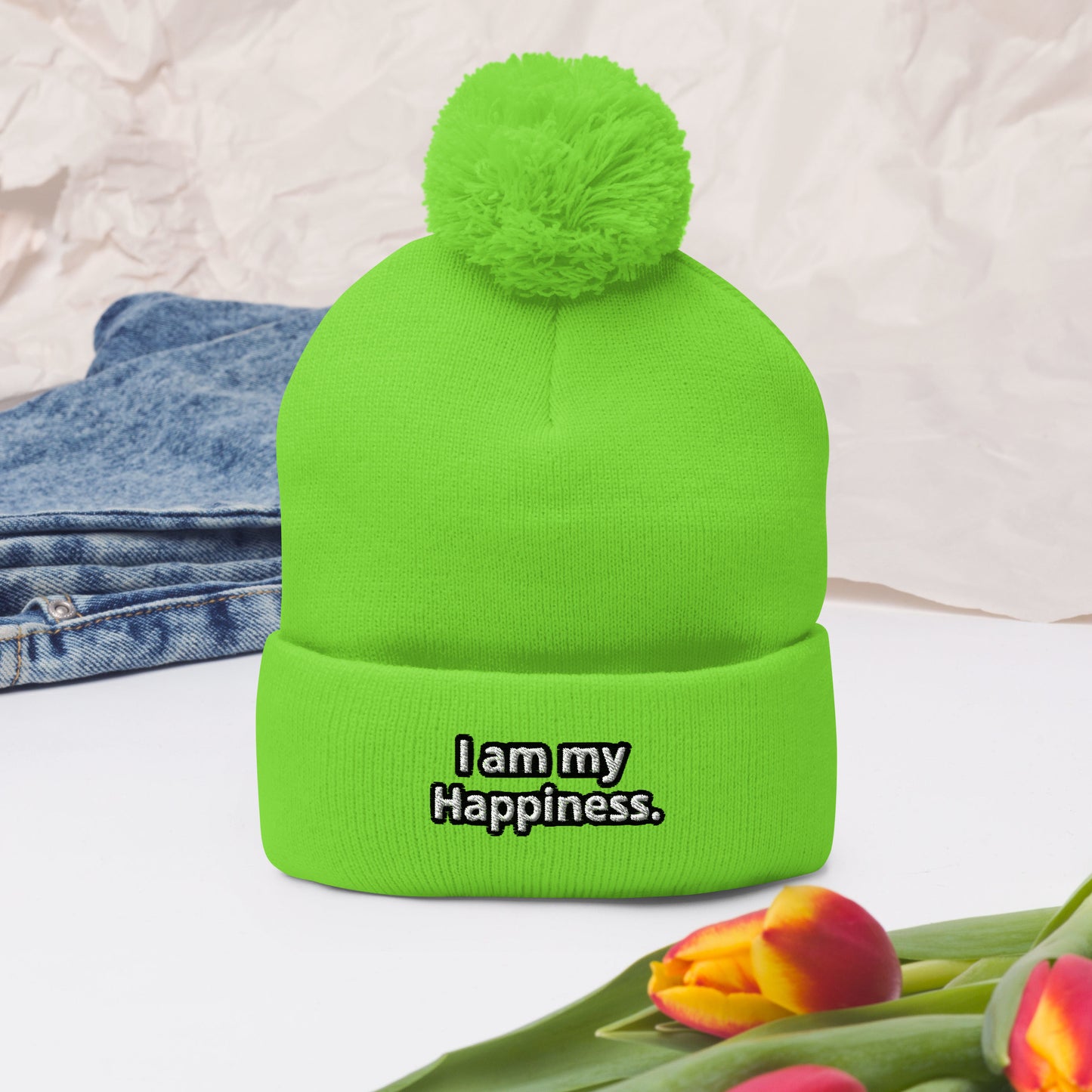 I am my Happiness.Pom-Pom Beanie